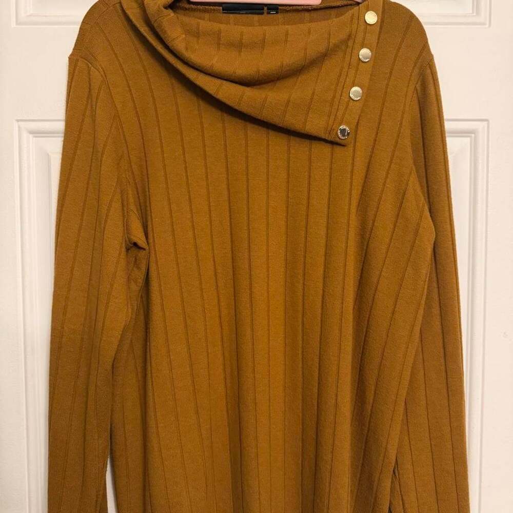 Rafaella Mustard Gold Ribbed Cowl Neck Sweater Gold Button Detail Size M